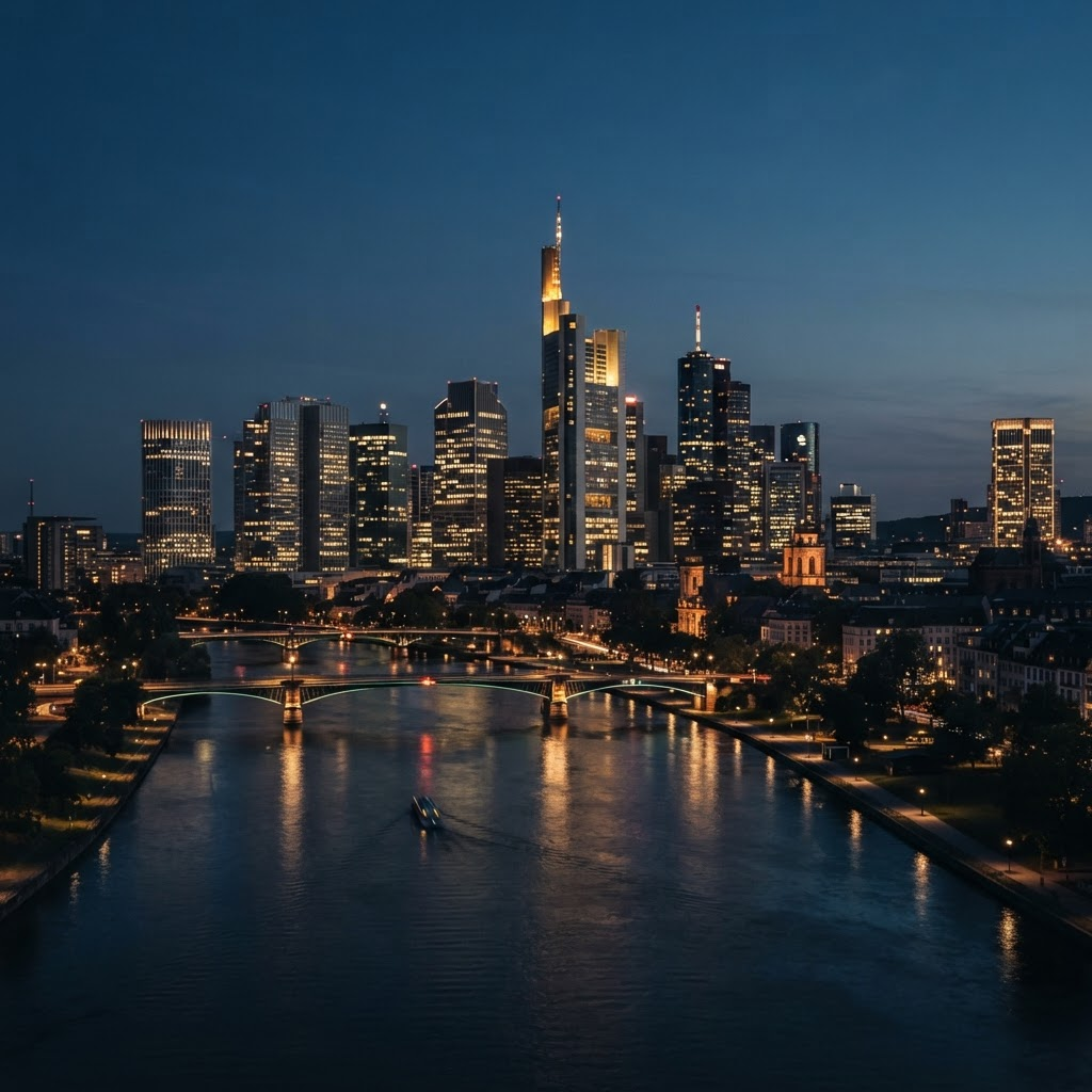 Skyline des Frankfurter Bankenviertels bei Abenddämmerung